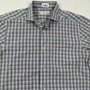 Ermenegildo Zegna Spread Collar Shirt Men Medium Blue Brown Plaid Cotton Dress